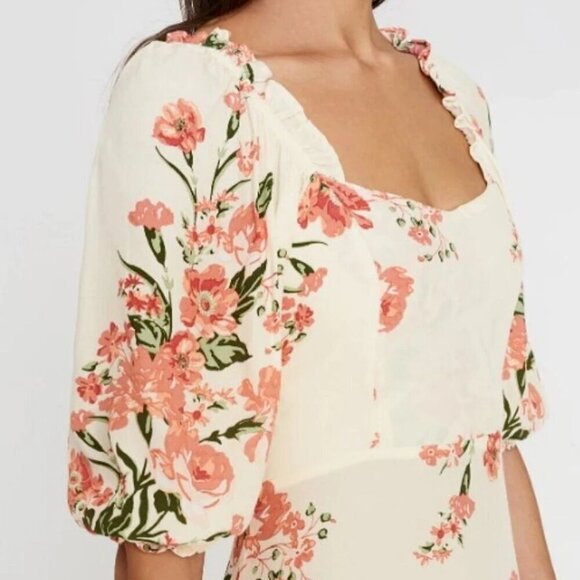 Faithfull The Brand Midi Dress Cream Pink Floral Short Puff Sleeve ALine Bronte - Picture 9 of 13